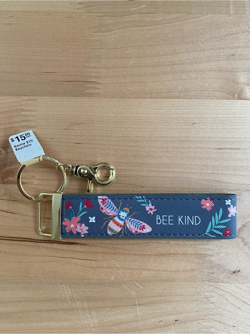 Karma Bee Kind Floral Wristlet Keychain - Bluish Gray Background with Brass